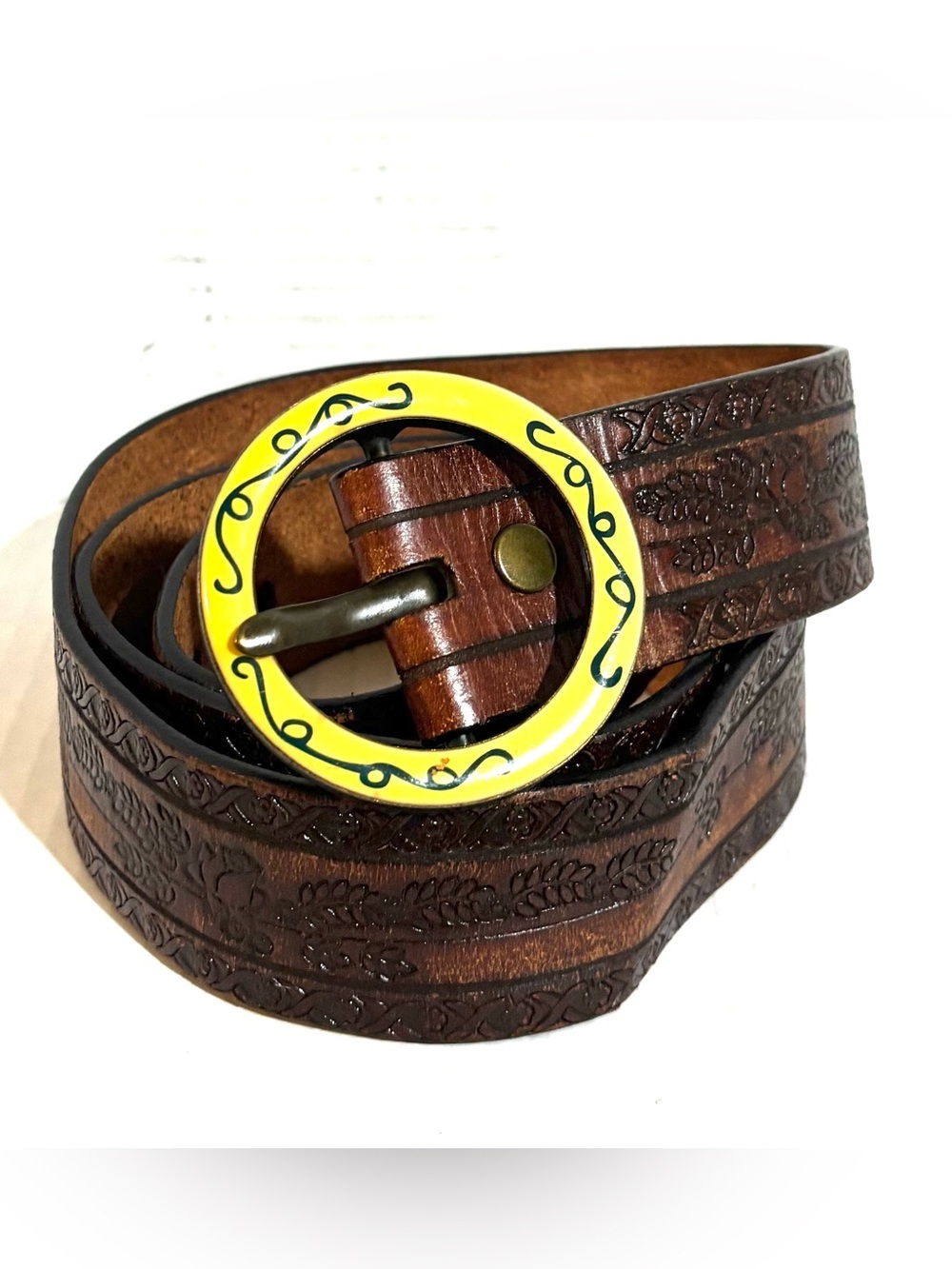 Vintage unisex Tooled Leather distressed Belt  Yellow Decorative Buckle Size L